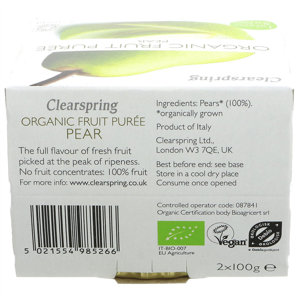 Clearspring Organic Pear Puree - 2x100g, vegan & delicious. Perfect snack or ingredient for a fruity dessert.