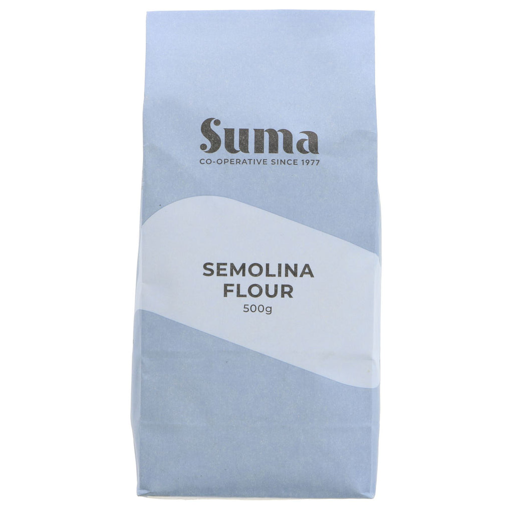 Suma's Fine Semolina Flour - a versatile ingredient for crispy bread crusts, pizza dough, soups and stews. Plus, it's vegan!