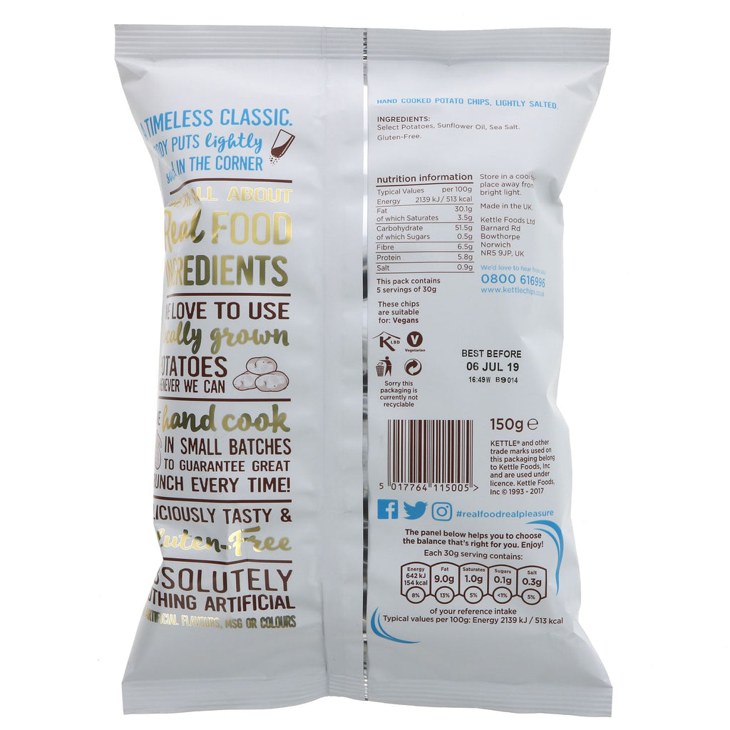Gluten-free, vegan Lightly Salted Kettle Chips: healthy & delicious snack. 130g. Kosher cert. Perfect for any occasion.