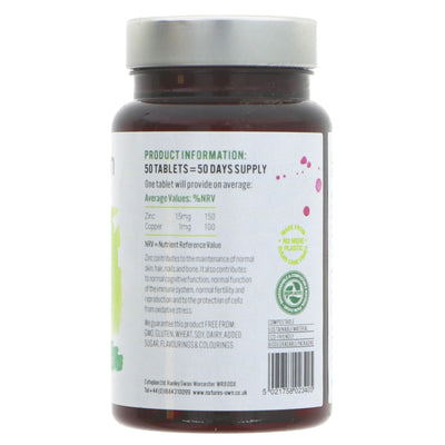 Boost your immune system with Natures Own Zinc/Copper supplement - 50 tablets with 15mg Zinc and 1mg Copper. Vegan-friendly.