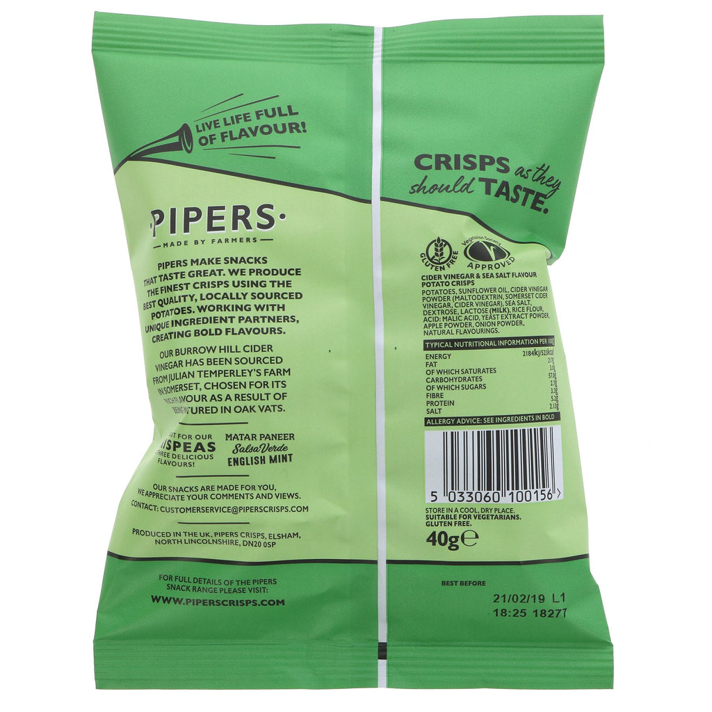 Pipers Crisps | Somerset Cider Vinegar/Salt | Gluten Free | No Added Sugar - Delicious tangy snack perfect for daily indulgence.