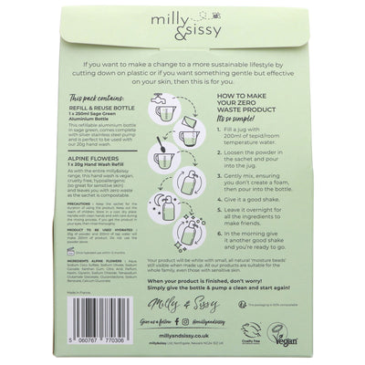 Milly And Sissy Alpine Flowers Hand Wash Set - Vegan, 99% natural ingredients, refill sachet & aluminium bottle for sustainable hand washing.