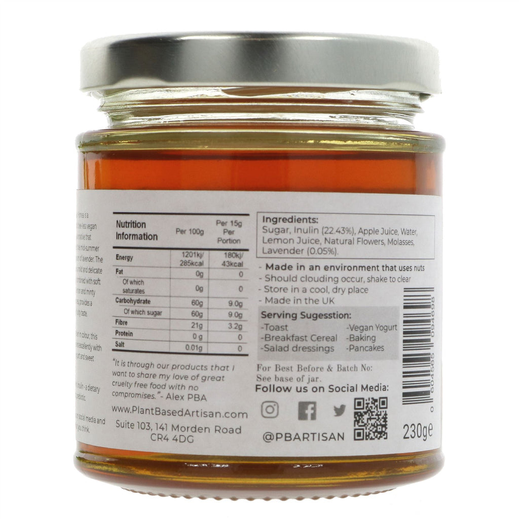 Honea Lavender: Vegan honey alternative, no added sugar, fruity taste, pairs with vegan yogurt. Made with inulin. From Superfood Market.
