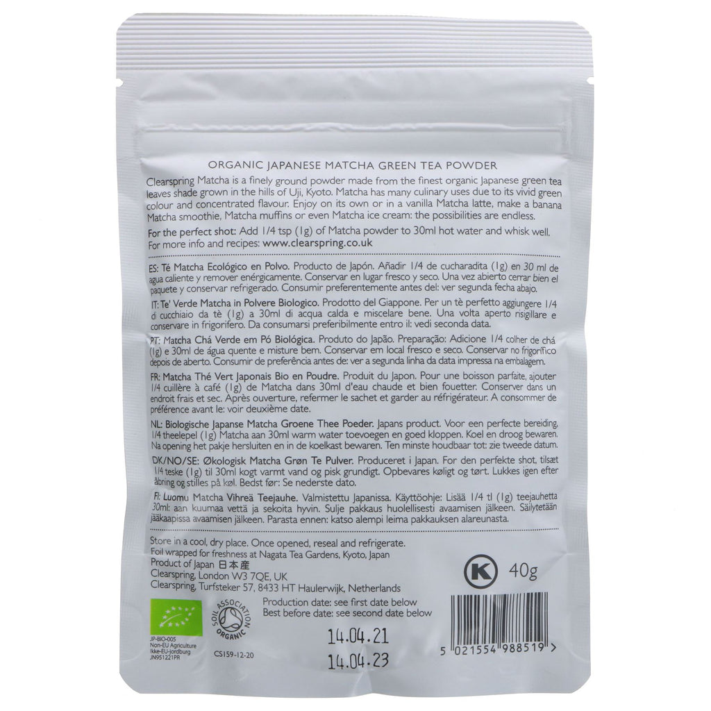 Clearspring Matcha Tea Premium - Organic & Vegan 40g Pouch - Antioxidant-packed & perfect for a morning boost. No VAT.