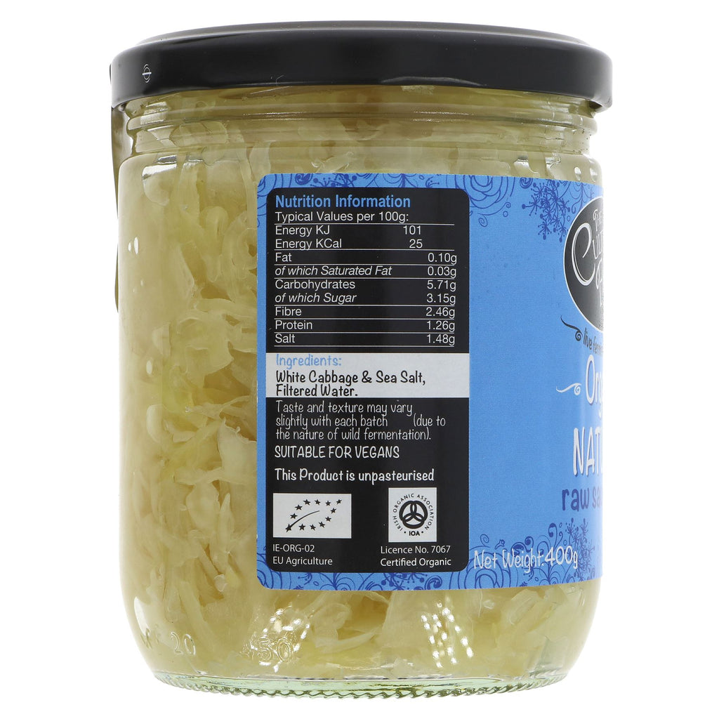Organic vegan raw sauerkraut by Cultured Food Co. adds flavor to meals. Side dish or recipe ingredient.