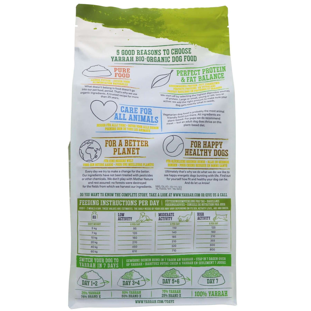Organic grain-free dry dog food, no chemicals, pesticides or GMOs. Made with organic soybeans, peas, tapioca, white lupine, and seaweed.