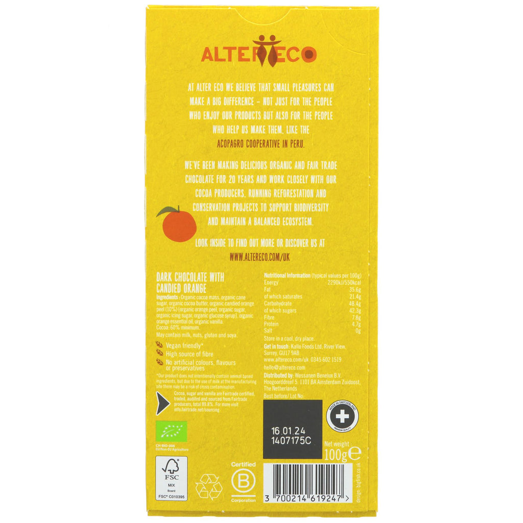 Indulge guilt-free in Altereco's Orange Dark Chocolate. Fairtrade, organic, vegan, and no added sugar. Perfect for snacking or recipes.