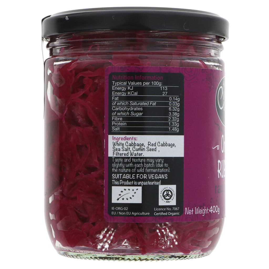 Organic, vegan 400g Raw Ruby Red Sauerkraut made by Cultured Food Co. Adds zing to your meals.