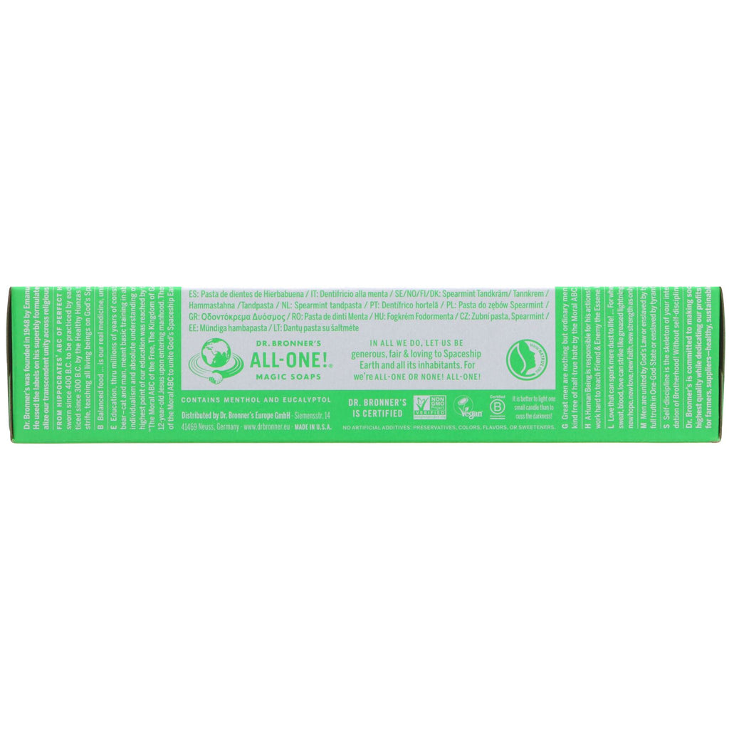 Organic spearmint toothpaste with Fairtrade & vegan ingredients, no synthetic foaming detergents/flavors.