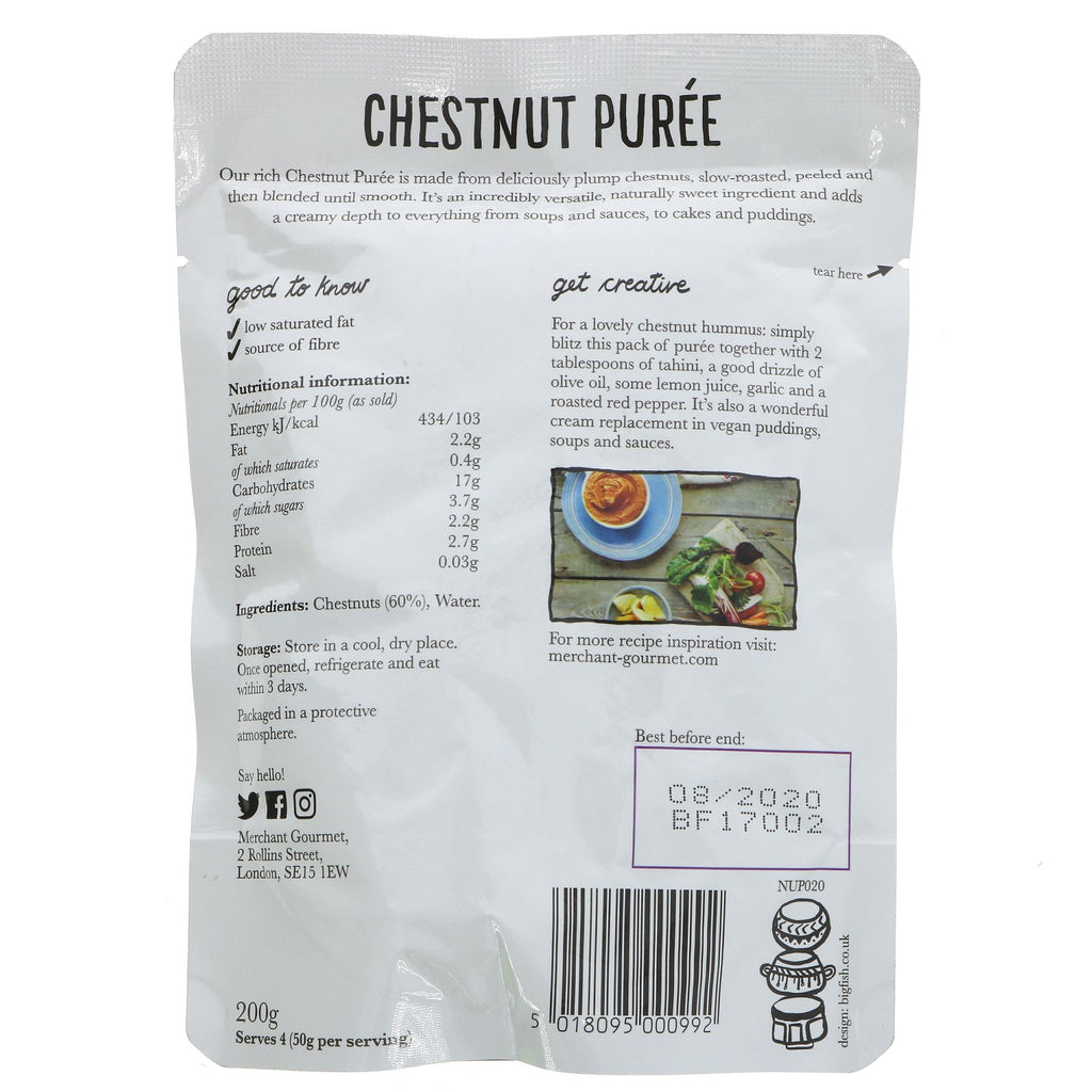 Merchant Gourmet Chestnut Puree: rich, smooth & vegan. Perfect for soups, sauces, baking & desserts. No VAT.