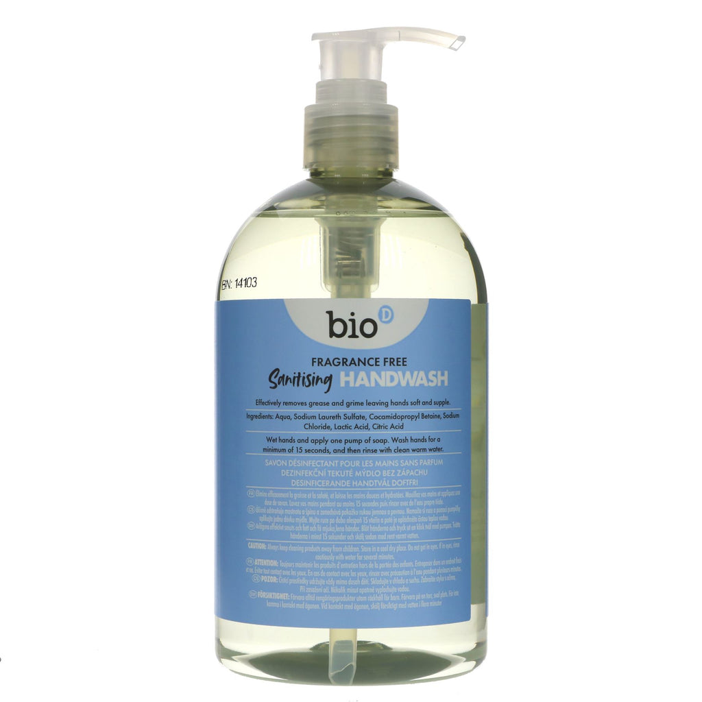 Bio D's Unfragranced Handwash: 500ML, vegan, fast-acting, kills 99.9% bacteria, gentle on skin. Fragrance free & anti-bacterial.