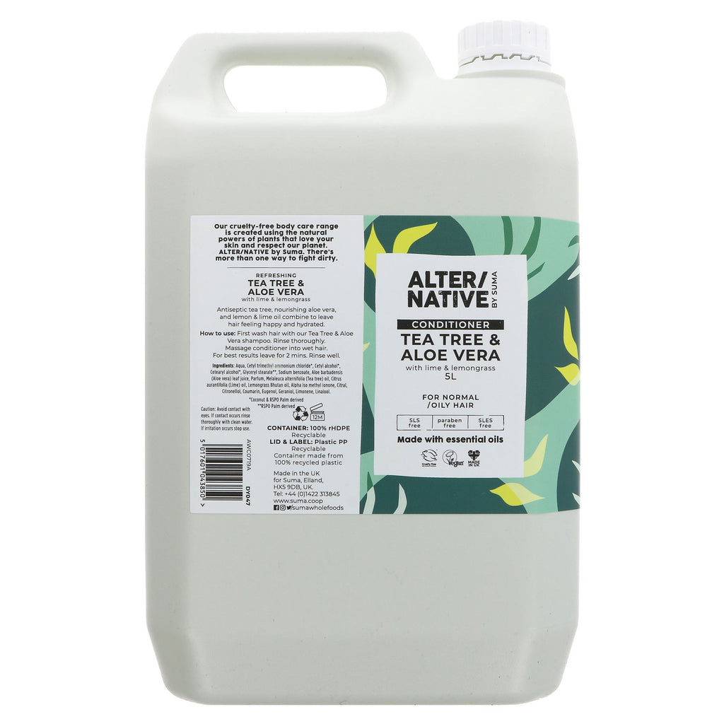 Revitalizing conditioner with tea tree & aloe for normal/oily hair. Vegan & cruelty-free. 5l bottle.