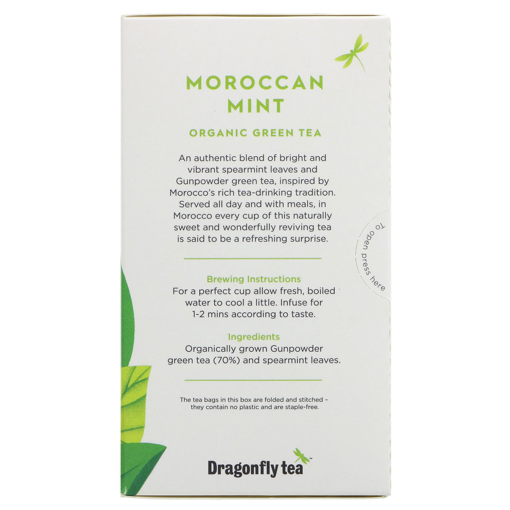 Dragonfly Tea Moroccan Mint: Organic, vegan gunpowder green and peppermint blend. Perfect for any time of day. 20 bags. No VAT.