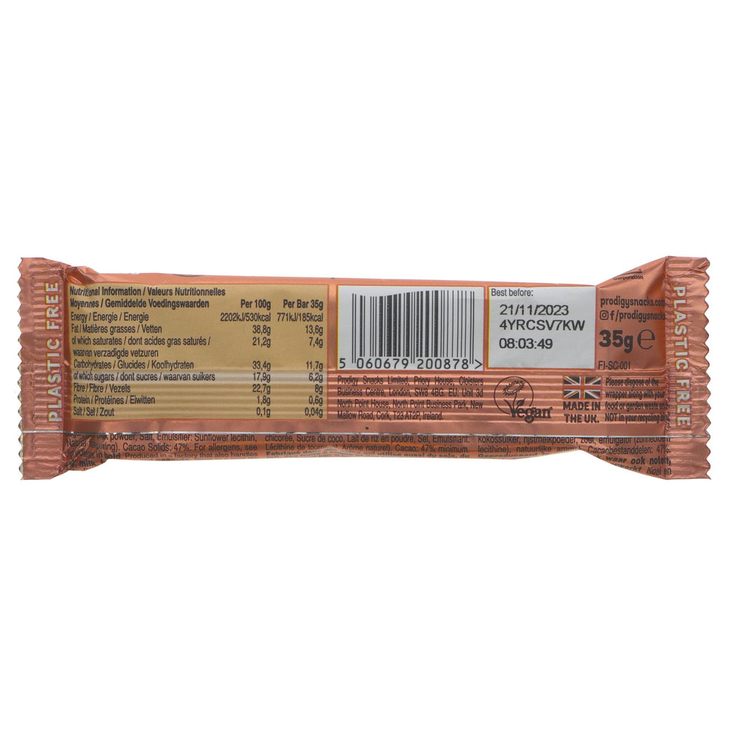Prodigy Salted Caramel Chocolate Bar: vegan, gluten-free, low sugar, and carbon neutral. Satisfy your sweet tooth guilt-free!