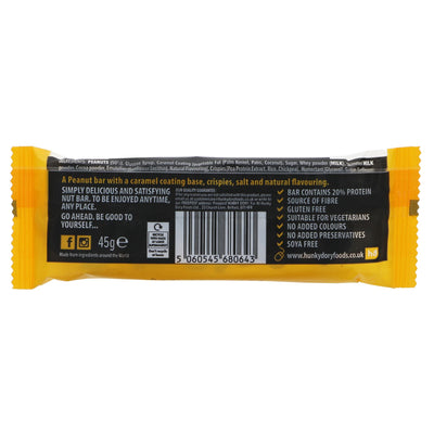 Gluten-free Peanut & Salted Caramel bar with 20% protein and no added sugar. Wholesome snack suitable for vegetarians.