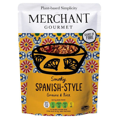 Discover the taste of Spain with Merchant Gourmet's Spanish Style Grains. Made with wholegrain rice, wheatberries, and black barley, infused with smoky paprika, tomato paste, and red peppers. Perfect for a plant-based paella or refreshing summer salad. High in fiber, low in saturated fat, and vegan-friendly. Elevate your meals with this delicious & nutritious option.
