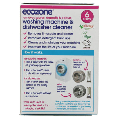 Ecozone Machine Cleaner Tablets - Cleans Washing Machines and Dishwashers. 6 tablets. Vegan and eco-friendly.