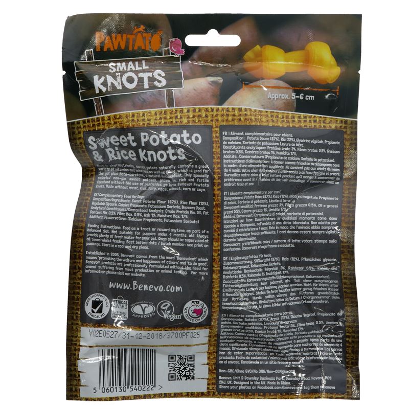 Benevo's Pawtato Small Knots: vegan, low fat, sweet potato & rice chews for dogs who love to gnaw! No GM, meat, dairy, soya, wheat, or artificial colours.