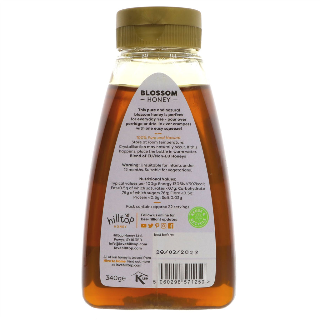 Hilltop Honey's Blossom Honey - Squeezy: pure and convenient, perfect for drizzling or adding to recipes. No VAT charged.