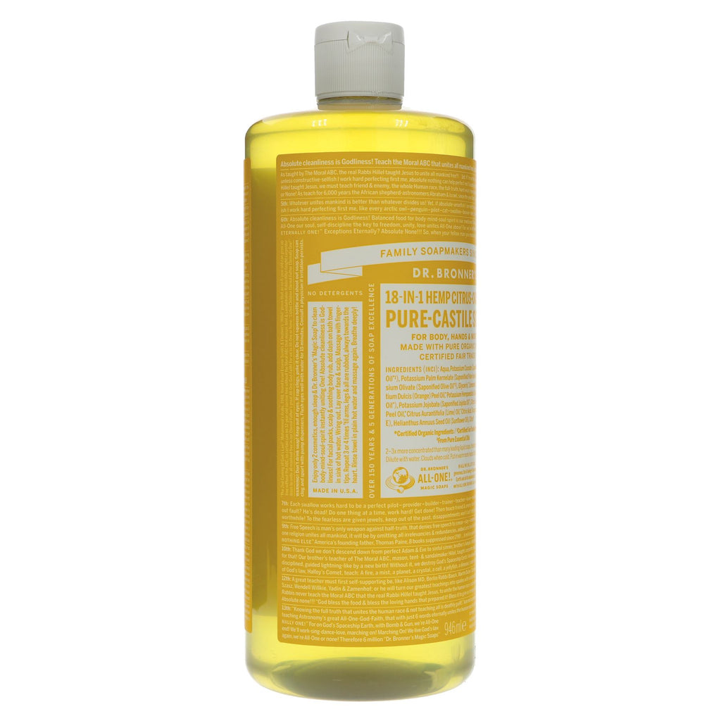 Dr. Bronners Orange Castile Liquid Soap - Fairtrade, organic, & vegan 946ml bottle. Use for body, hair, dishes, laundry & more!