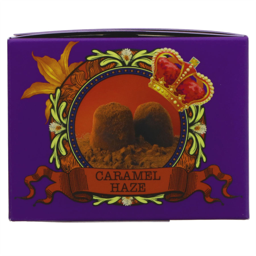 Vegan truffles with no added sugar - Monty Bojangles' Caramel Haze. Rich in flavor, cocoa-dusted with caramelized hazelnut chips.