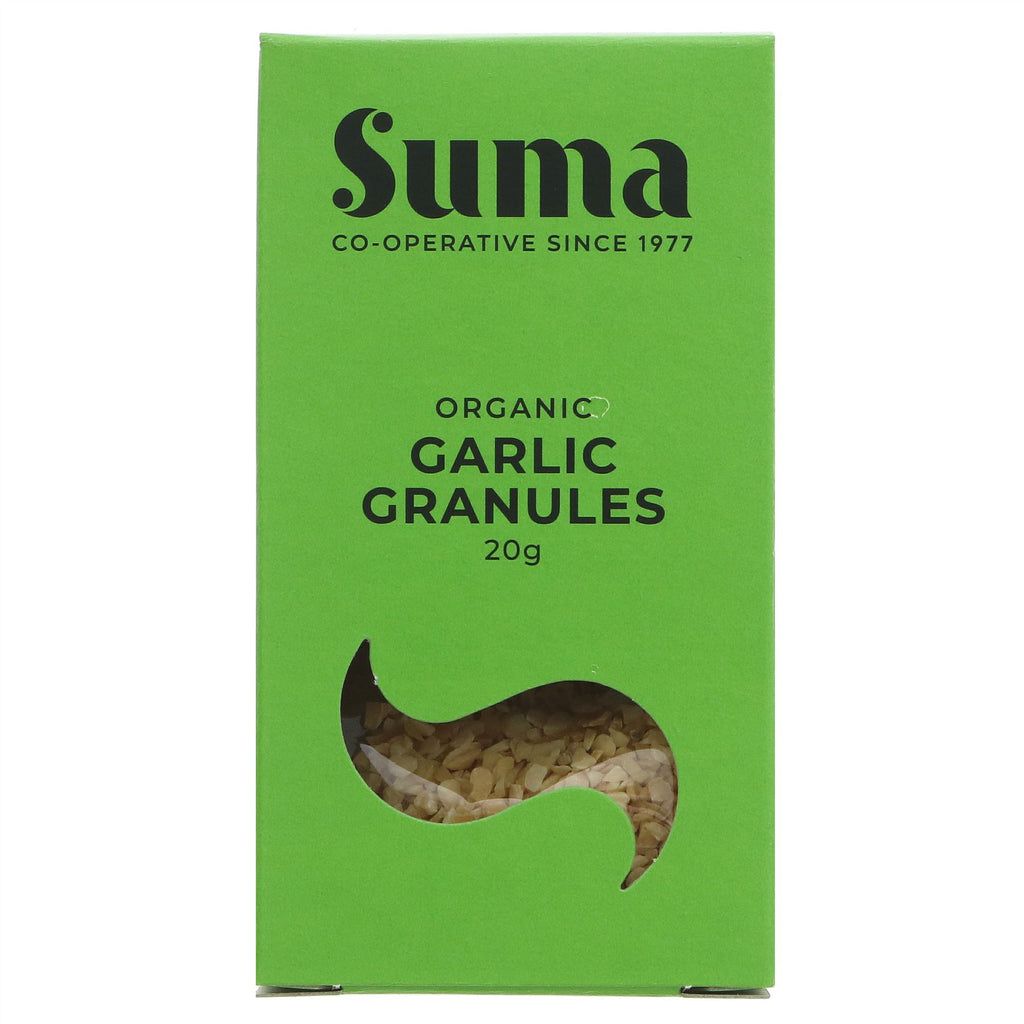 Organic garlic granules for flavor-packed cooking. Vegan-friendly. No VAT charged.