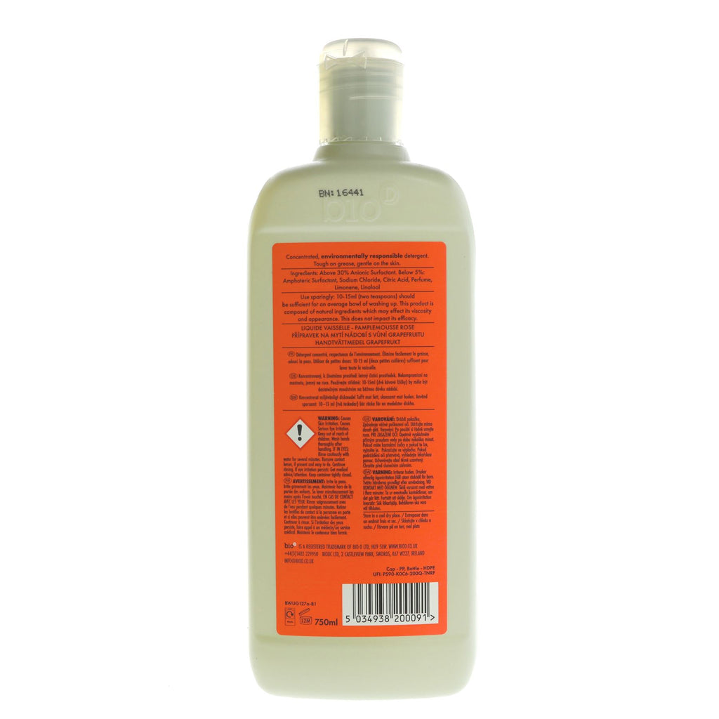 Vegan Grapefruit Washing Up Liquid - 750ml - Made in UK - Cruelty-free - Best Buy by Ethical Consumer - by Bio D.