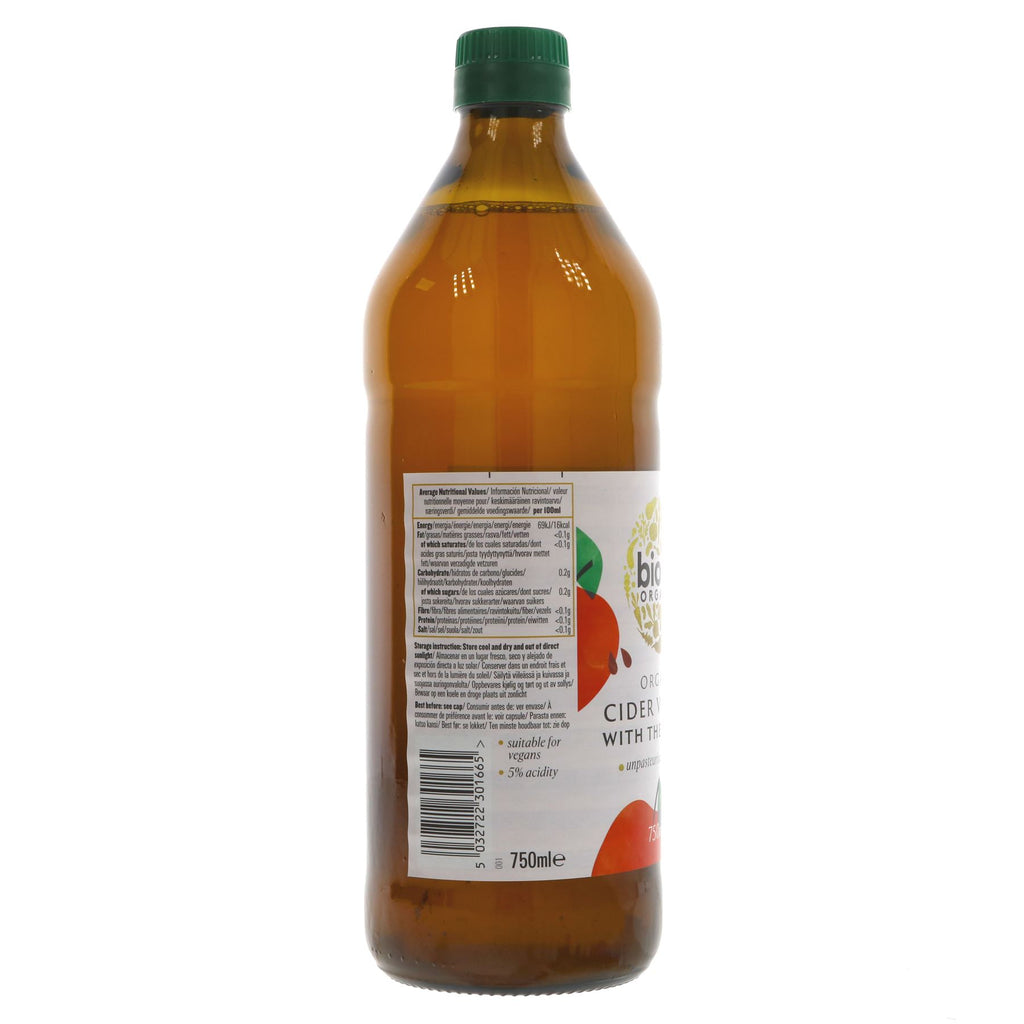 Organic, vegan cider vinegar with 'Mother'. Perfect for cooking, dressings & marinades. 75CL.