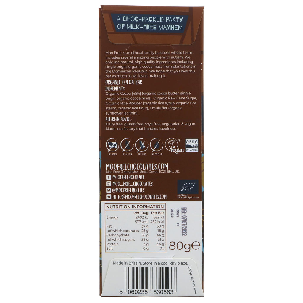 Indulgent, organic, vegan Cocoa Chocolate Bar with no added sugar. Perfect for guilty-free snacking and baking. Gluten-free. 80g.