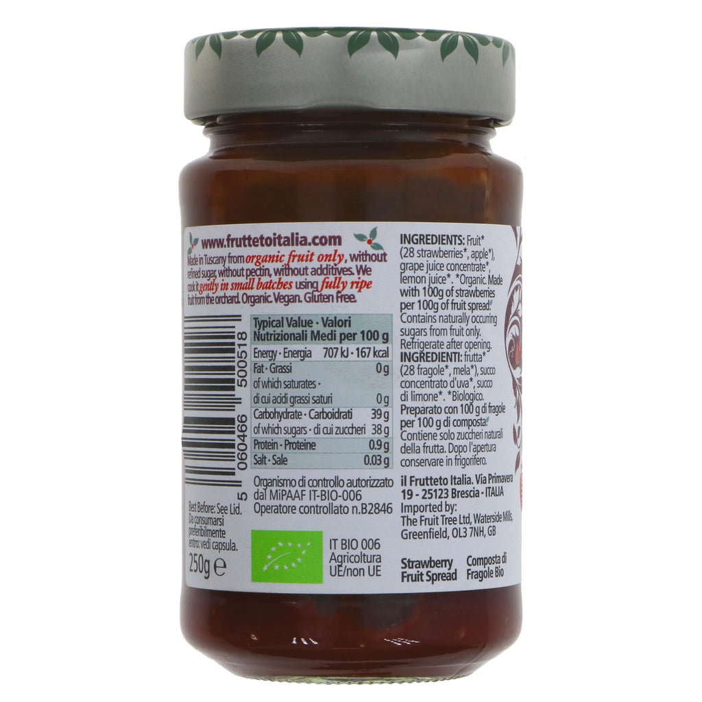 Organic, vegan Strawberry Fruit Spread made with 28 juicy strawberries, no refined sugar, perfect for toast & recipes. 250g.