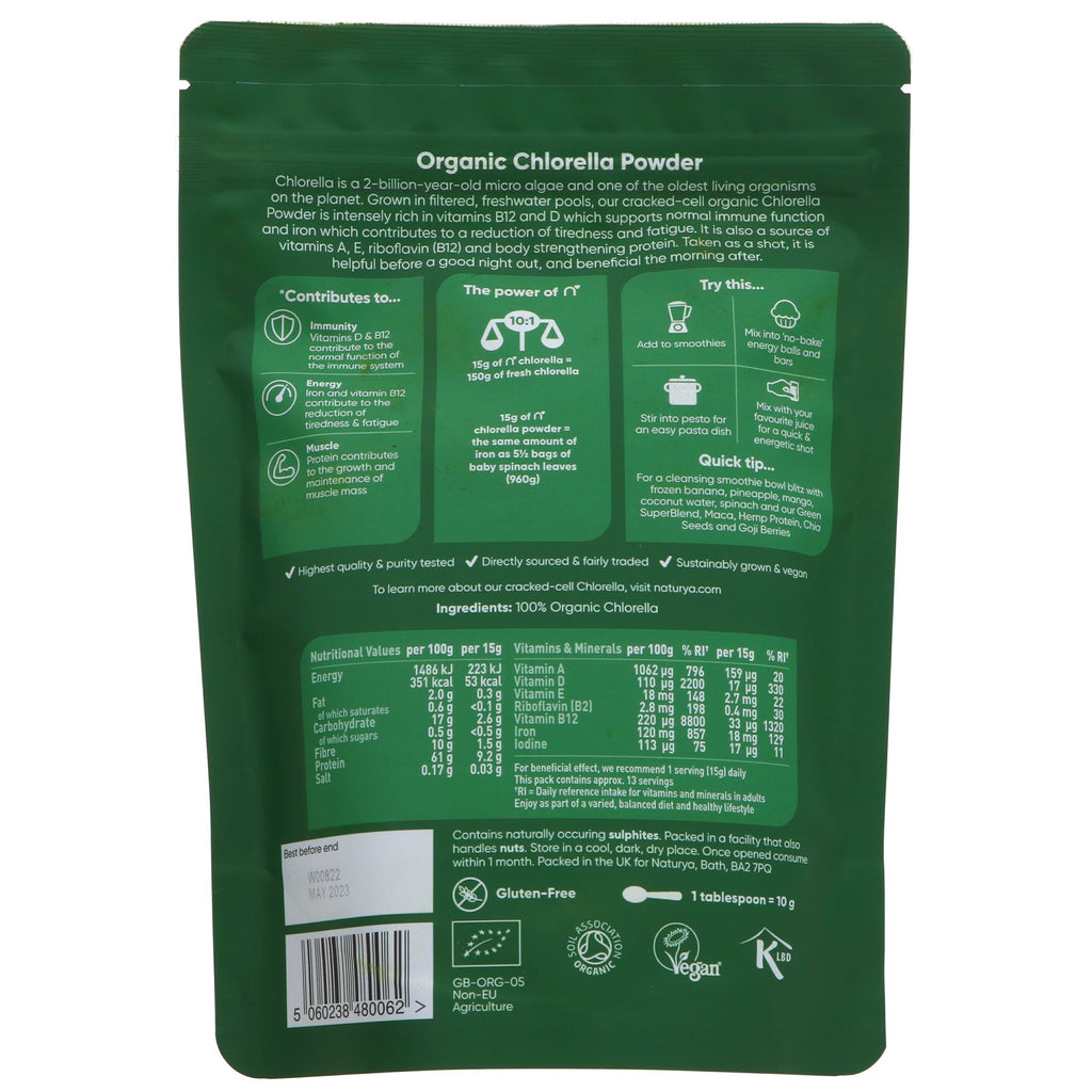 Organic Chlorella Powder - Gluten-free, vegan, nutrient-rich superfood for everyday use. Add to smoothies or juice for a boost of nutrients. No VAT.