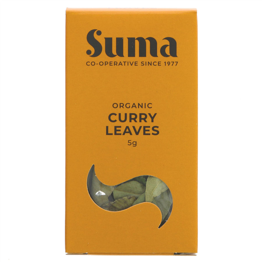 Suma's organic curry leaves - burst of flavor for Indian dishes. Vegan and organic.