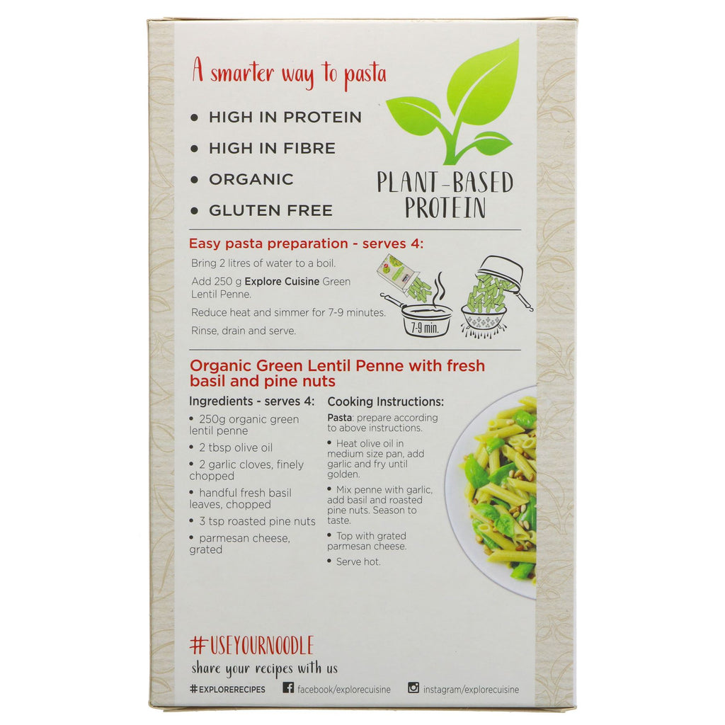 Explore Cuisine Green Lentil Penne - Organic, Gluten-Free & Vegan Pasta. Perfect texture & flavour, great for any meal or pasta salad.