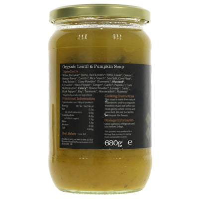 Organic, Vegan Lentil & Pumpkin Soup - 680g glass jar. Perfect for chilly nights. No VAT charged. Sold by Superfood Market since 2014.