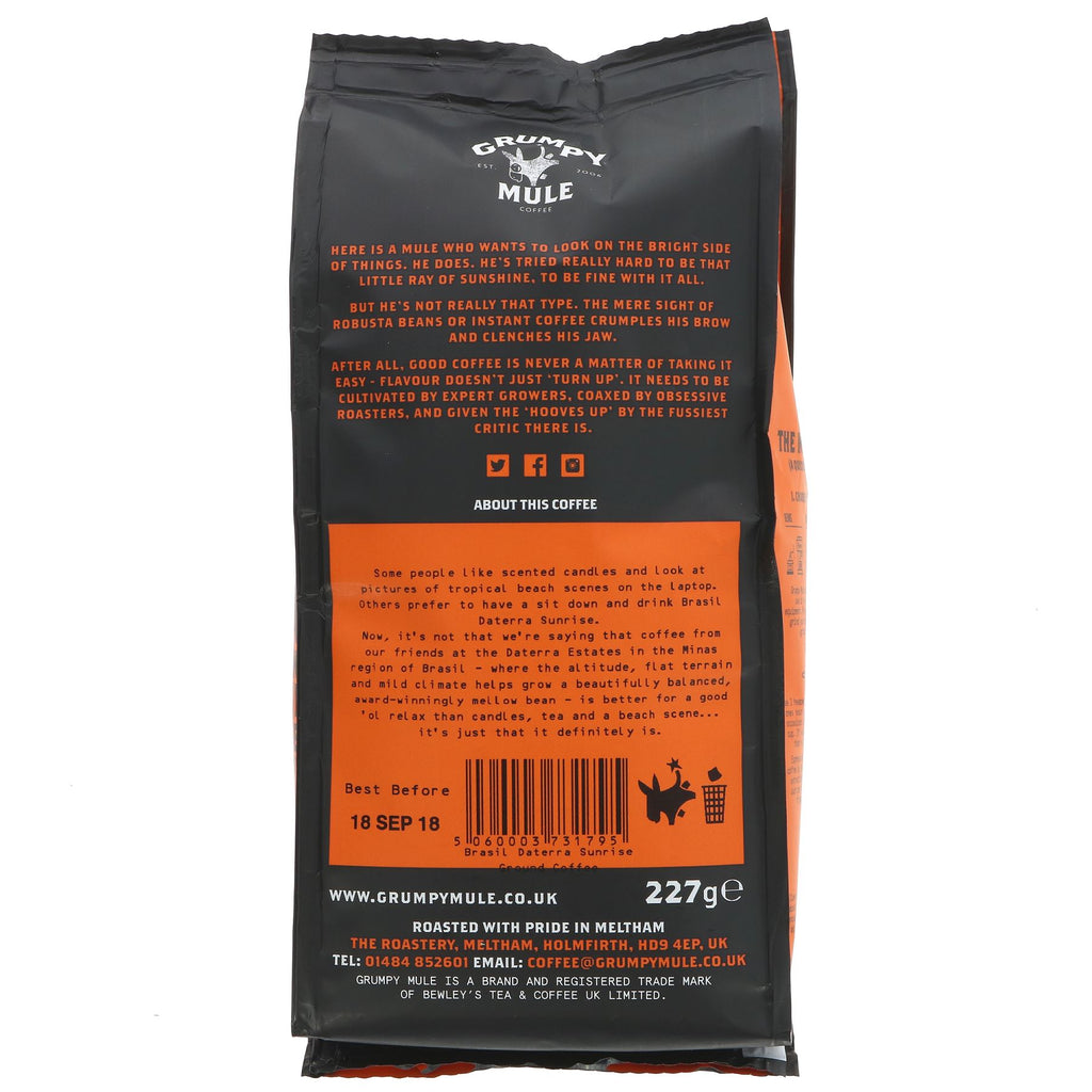 Award-winning Grumpy Mule Brasil Daterra Sunrise coffee, sustainably grown in Minas. Vegan-friendly and perfect for any time of day.