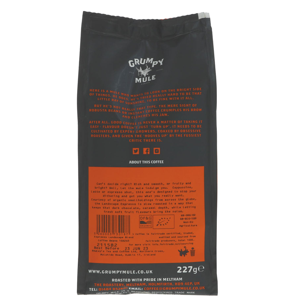 Grumpy Mule Landscape Espresso Beans: complex, sweet and complete. Organic, vegan, 227g, no VAT. Perfect for espresso, filter, or cafetiere.