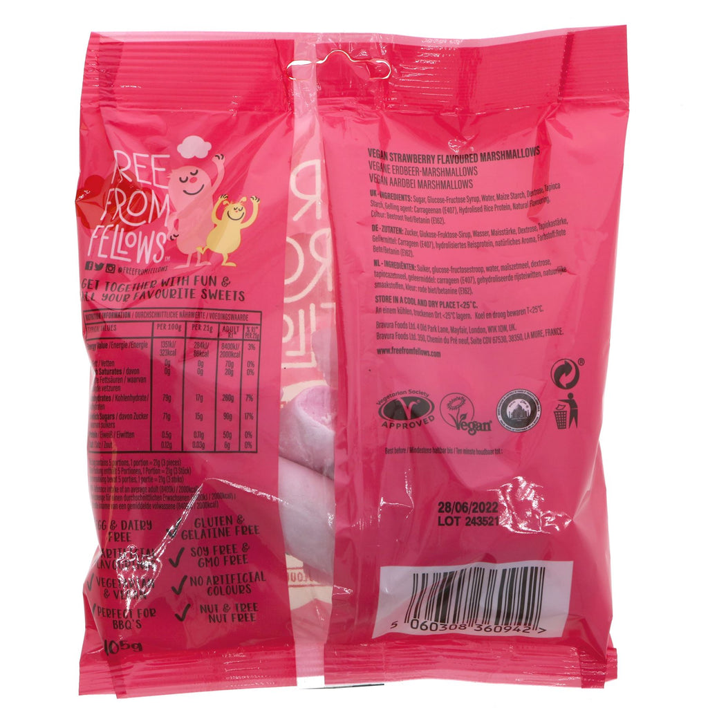 Free From Fellows Strawberry Mallows: Vegan, No Added Sugar, guilt-free snacking.
