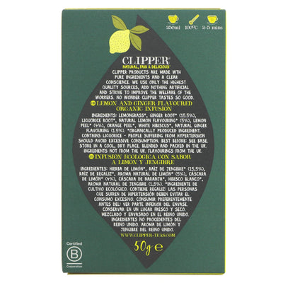 Clipper Lemon & Ginger Tea: Organic, vegan, and naturally caffeine-free. Zesty, warming, and perfect for a pick-me-up anytime, anywhere!