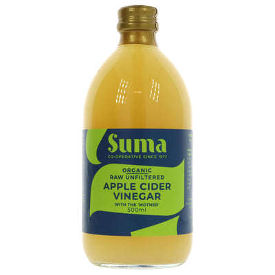 Suma's Organic Apple Cider Vinegar - Raw with Mother | 500ml | Unpasteurised, unfiltered & Vegan. Perfect for cooking or as a daily supplement.