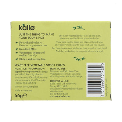 Kallo Yeast-Free Veg Stock Cubes, gluten-free and vegan, for a fresh taste in your soups and stews. No VAT charged.