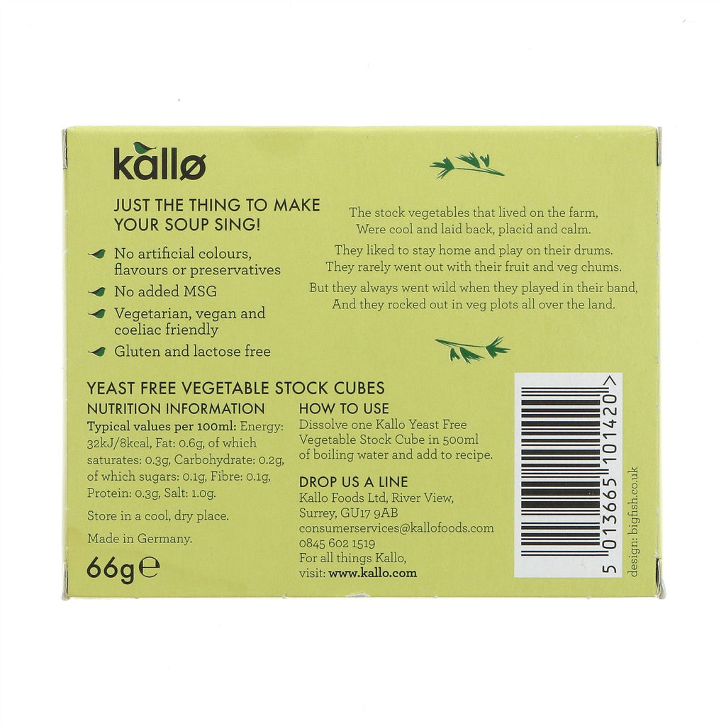 Kallo Yeast-Free Veg Stock Cubes, gluten-free and vegan, for a fresh taste in your soups and stews. No VAT charged.