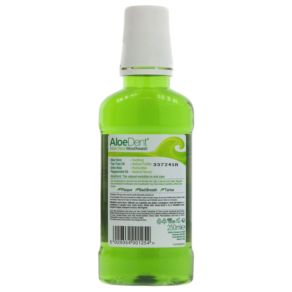 Protect & freshen with Aloe Dent's Vegan Mouthwash, free of alcohol & saccharin, fights plaque, tartar, cavities & gum disease.