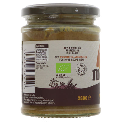 Organic, vegan peanut butter - perfect for spreading or cooking. 280g jar. No added salt. Part of the 100% Nuts range. No VAT.