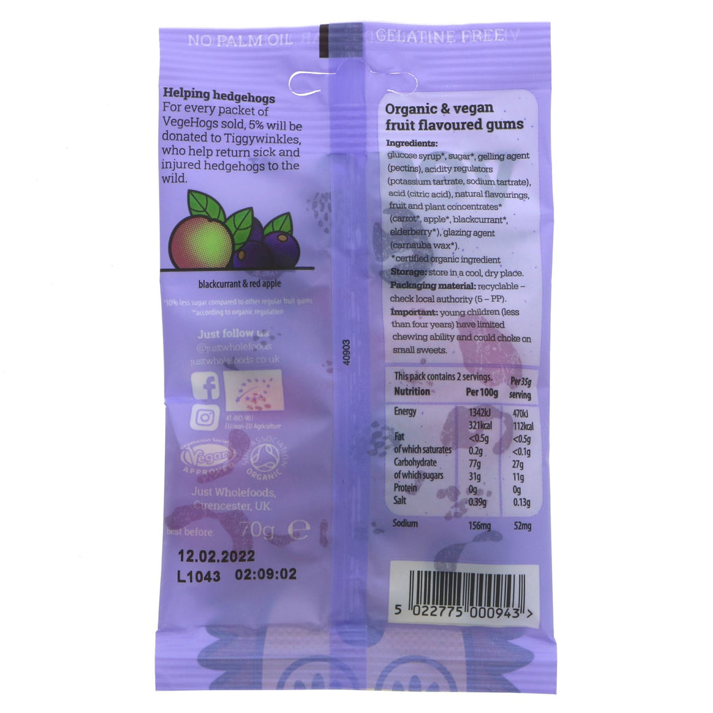 Organic, vegan VegeHogs- guilt-free snacking with reduced sugar! Blackcurrant & red apple flavors, 5% profits donated. Recyclable bag. #sweettreat #vegan