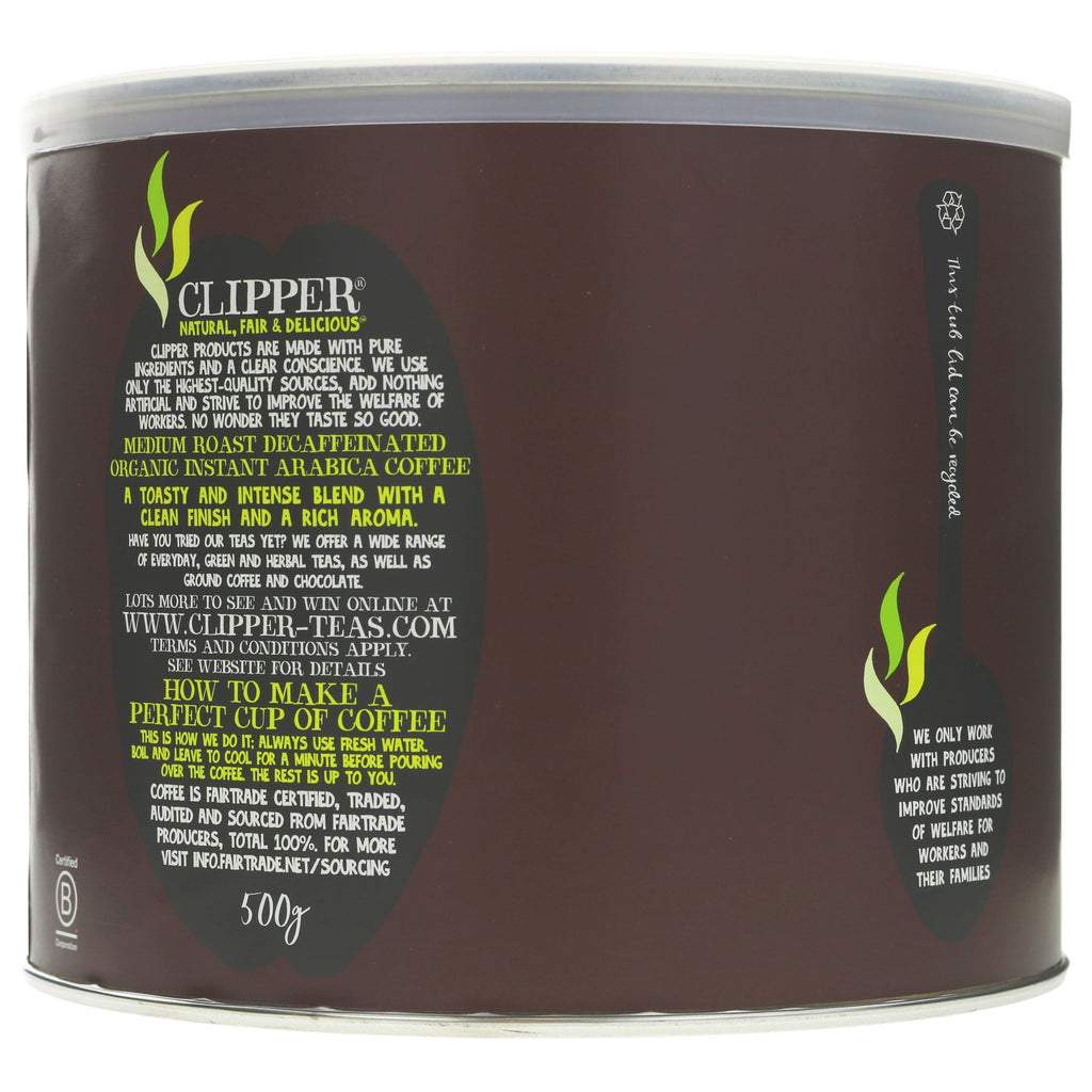 Clipper Instant Organic Decaff | Fairtrade, Organic, Vegan | 500G | Smooth & Rich Decaf Coffee made with Pure Arabica Beans.