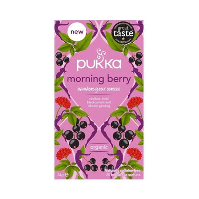 Fairtrade, organic, and vegan Morning Berry tea by Pukka. Enjoy bold berry flavors and a natural lift from ginseng.