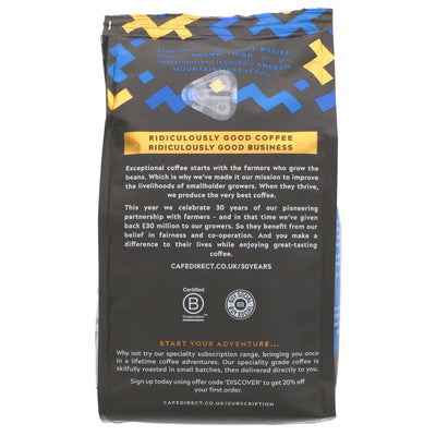 Fairtrade, vegan Machu Picchu Decaf coffee - full bodied, strength 4. Enjoy any time with your favorite breakfast or dessert.