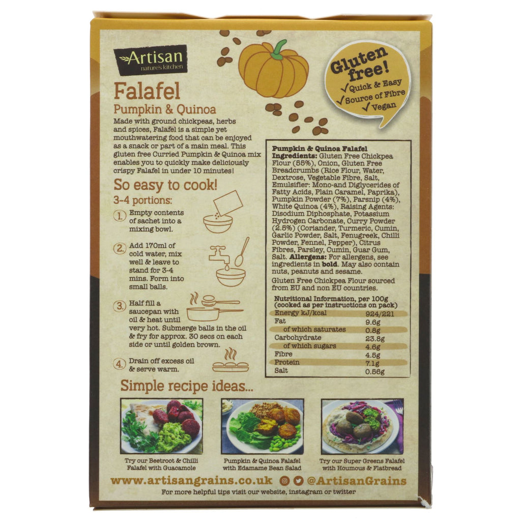 Artisan Grains Falafel - Pumpkin & Quinoa Mix: Vegan, gluten-free, high protein, low fat. Enjoy crispy, delicious taste in under 10 mins!