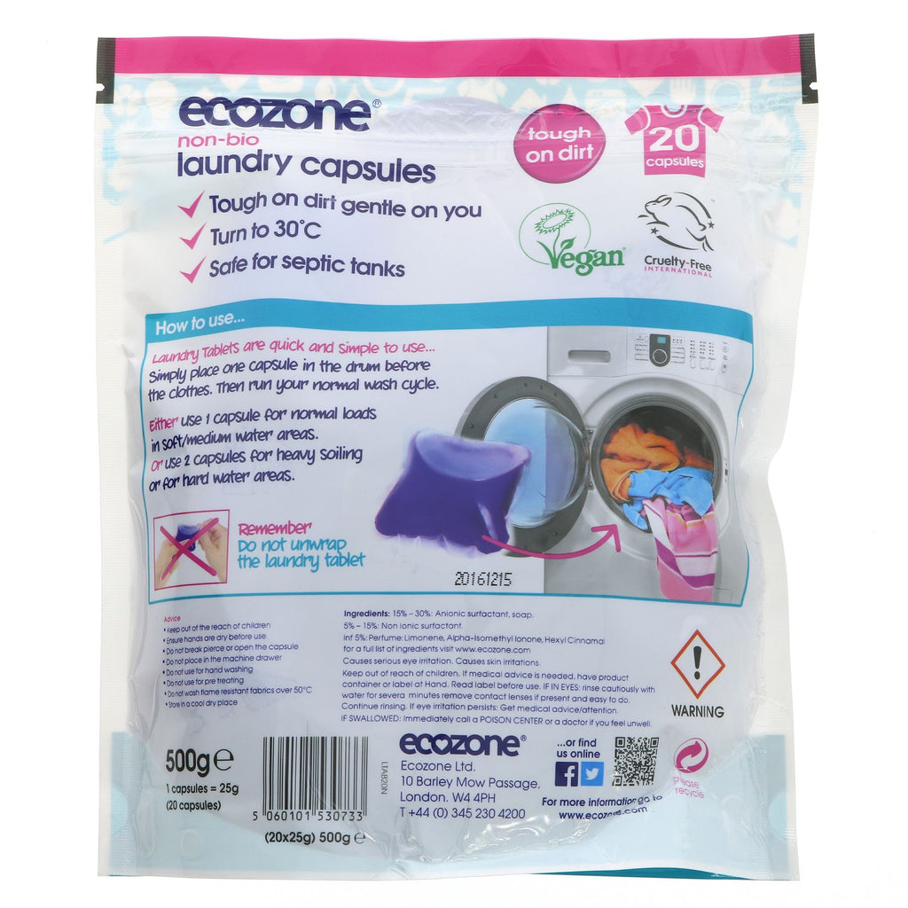 Ecozone Non-bio Laundry Capsules - deep clean, gentle on skin, tough on stains, residue-free & vegan-friendly. 20 capsules.