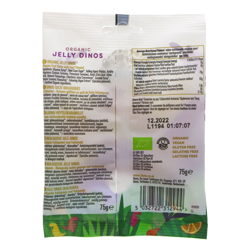 Indulge guilt-free with Biona's Organic Jelly Dino Sweets - gluten-free, vegan, no added sugar, bursting with natural flavors.